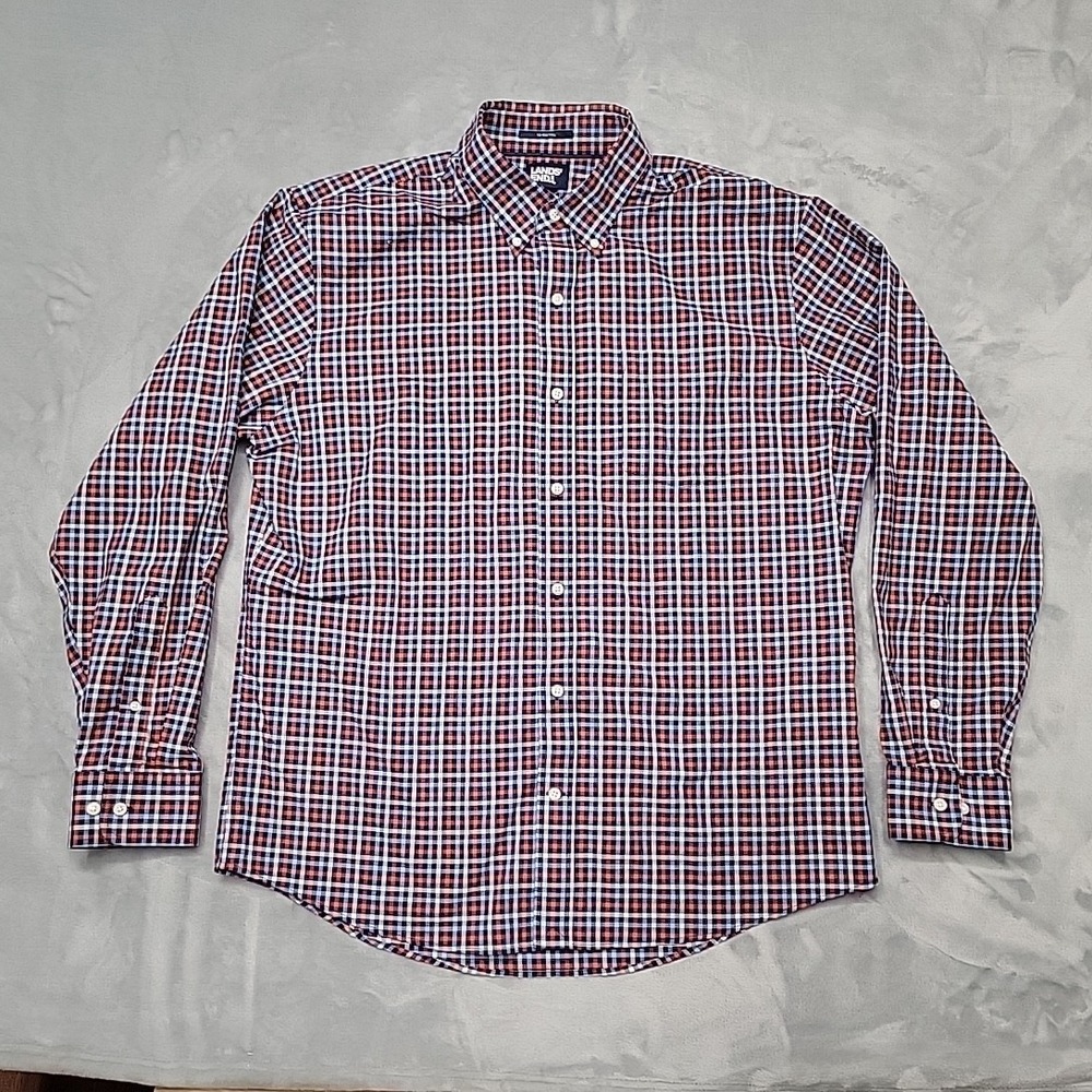Lands End Shirt Mens L Blue Plaid Button Down Traditional Fit No Iron Twill